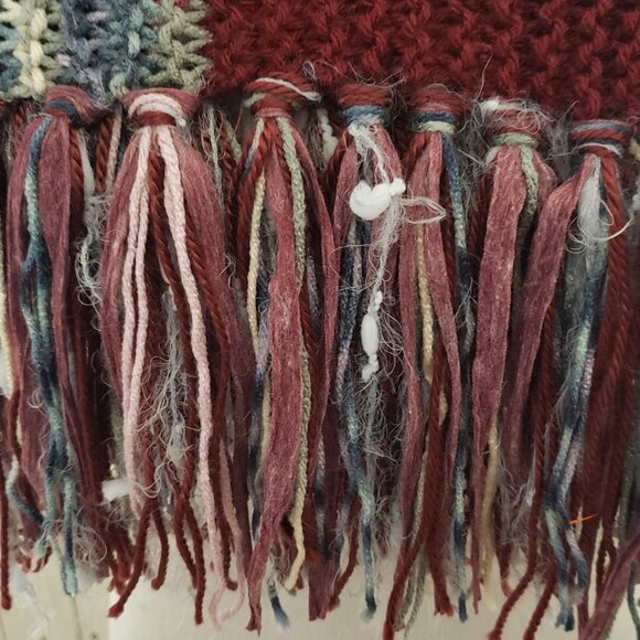 NEW Hand Knitted Burgundy Multi Infinity Boho Cowl Scarf Fringe Artsy Indie - Picture 6 of 6